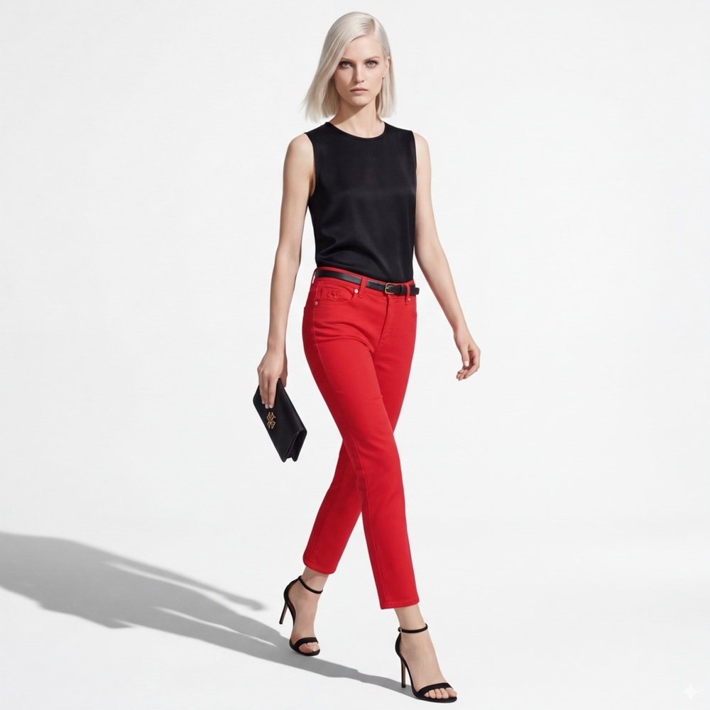 Tory Burch Red Cropped Skinny Jeans Embroidered Logo Pockets Size 26 denim NEW